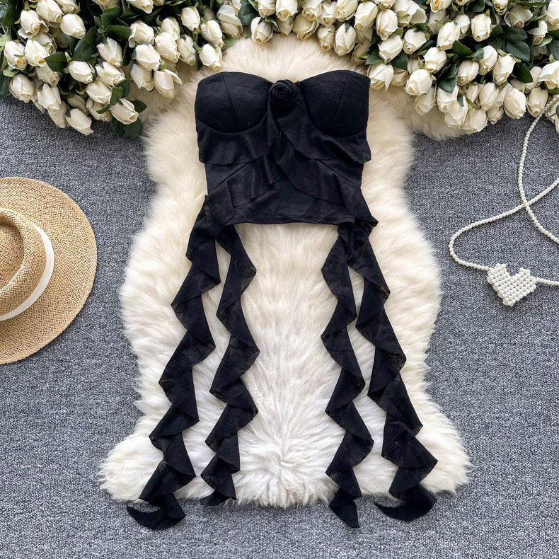 Rose Floral Lace Ruffle Crop Top